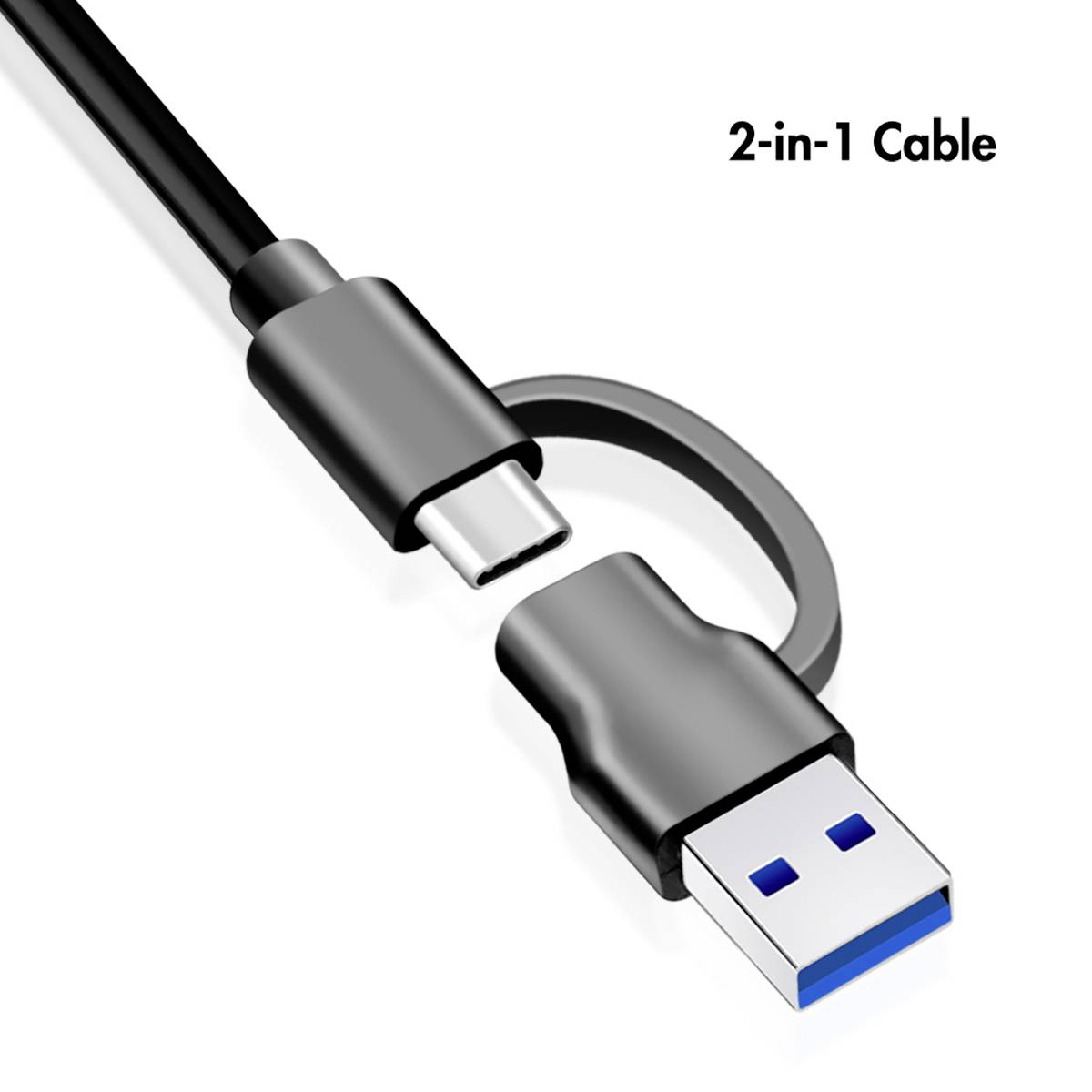 Ein 2-in-1-Kabel mit USB-A und USB-C-Steckern. Es bietet vielseitige Anschlussmöglichkeiten für verschiedene Geräte.