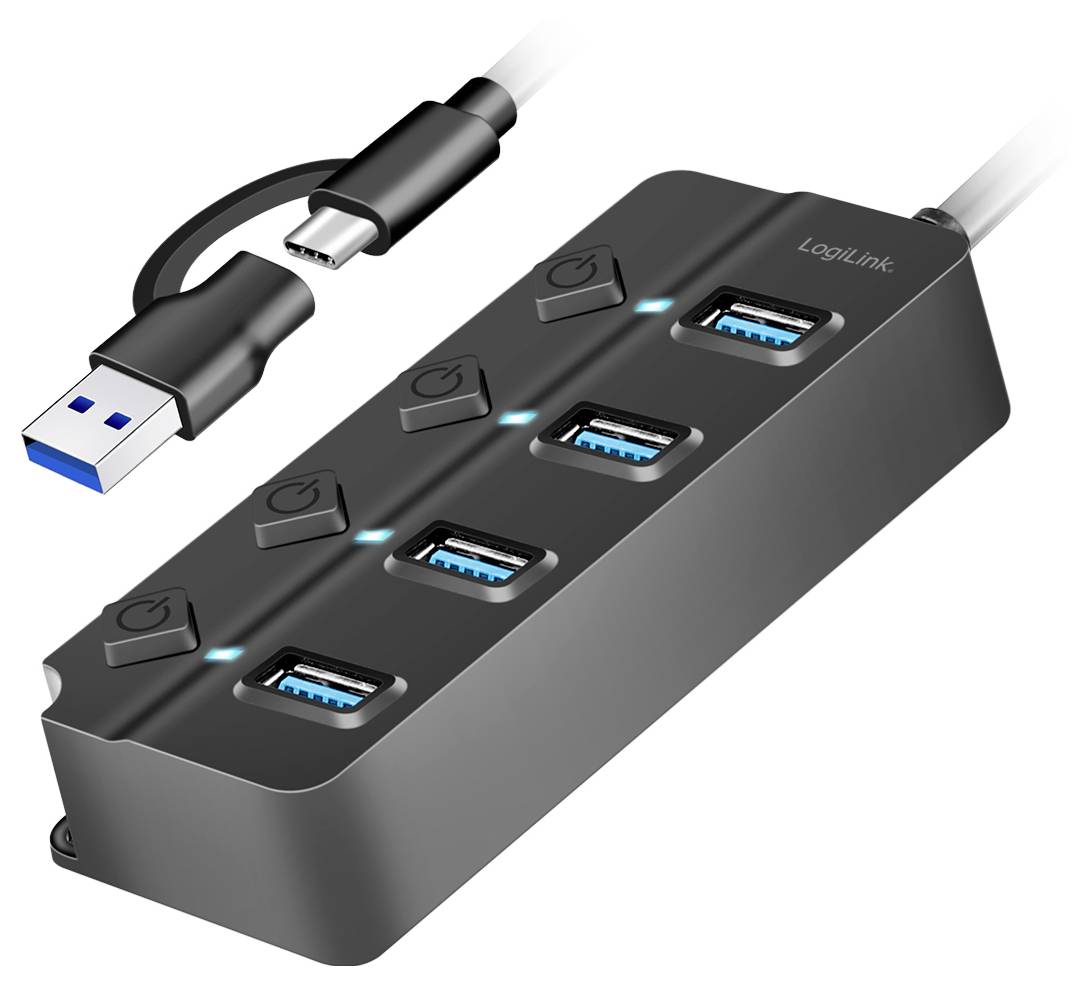 USB-Hub mit 7 Ports, USB 3.0, LED-Anzeigen, Ein/Aus-Schalter an jedem Anschluss. Verbindungskabel mit USB-Stecker.