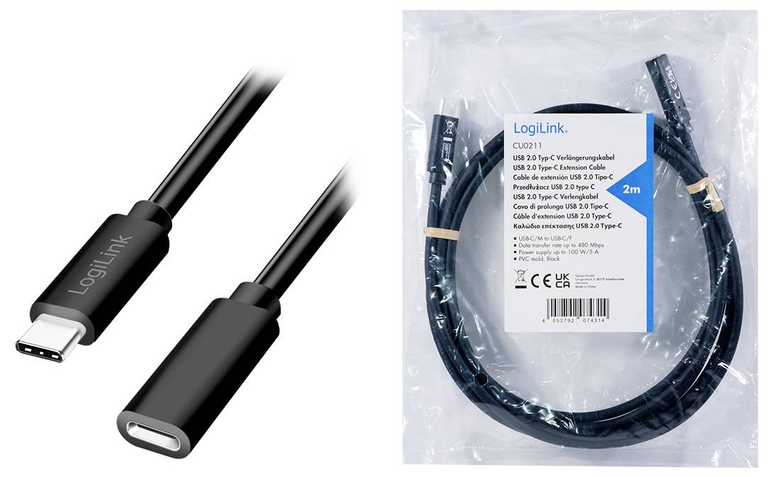 LogiLink USB 3.0 Typ-C Verlängerungskabel, 2 m, schwarz, mit Stecker und Buchse, geeignet für Datenübertragung und Laden.