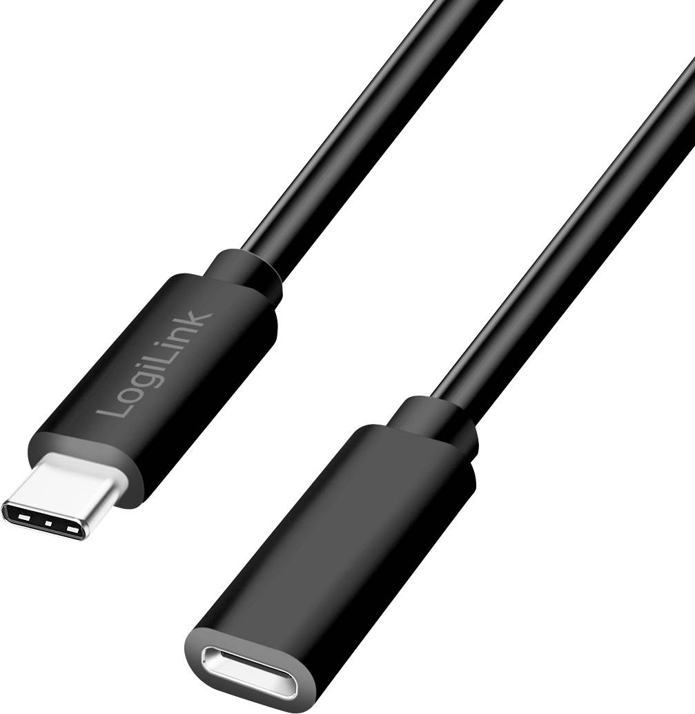 Ein schwarzes USB-C-Verlängerungskabel von LogiLink mit männlichem und weiblichem Anschluss, isoliert vor weißem Hintergrund.