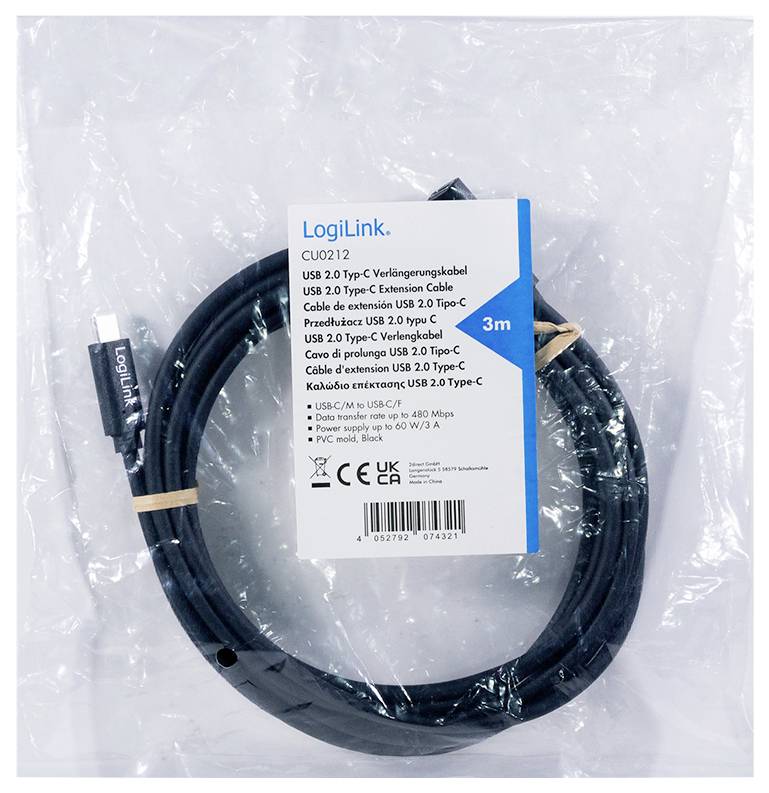Ein USB 2.0 Typ-C Verlängerungskabel von LogiLink, 3 Meter lang, in einer durchsichtigen Verpackung mit Produktbeschreibungsetikett.