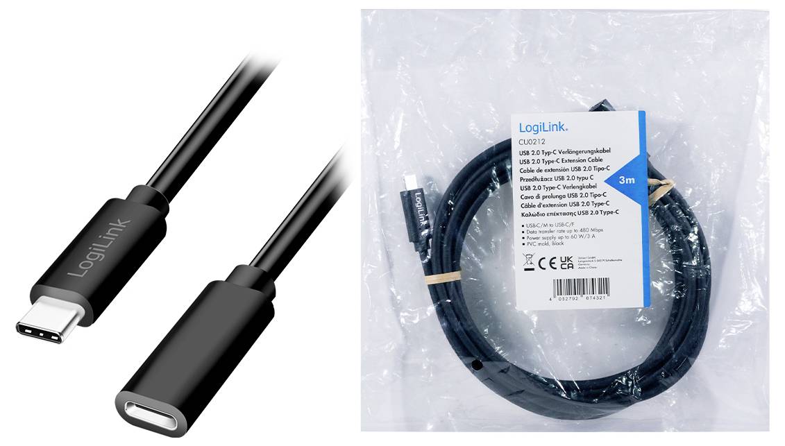 'LogiLink' USB 3.1 Typ C Verlängerungskabel, 3 Meter lang, schwarz, in Verpackung gezeigt. Verbindet USB-C Geräte für Datenübertragung.