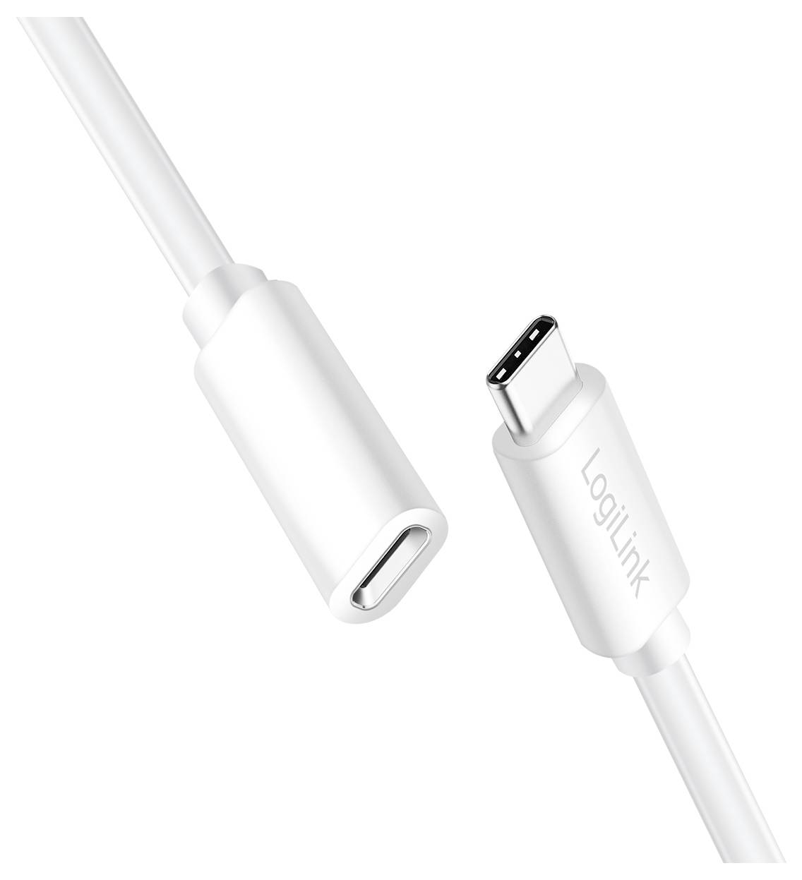 USB-C-Kabel in Weiß von LogiLink, zeigt Stecker und Buchse. Ideal für schnelle Datenübertragung und Laden von kompatiblen Geräten.