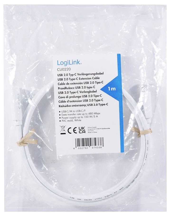 Verpackung eines 1 Meter langen USB 2.0 Typ-C Verlängerungskabels von LogiLink, ausgelegt für 480 Mbit/s.
