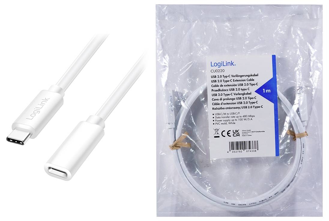 Weißes USB-C-zu-USB-C-Kabel von LogiLink, 1 Meter lang, in Kunststoffverpackung, geeignet für schnelle Datenübertragung und Laden.