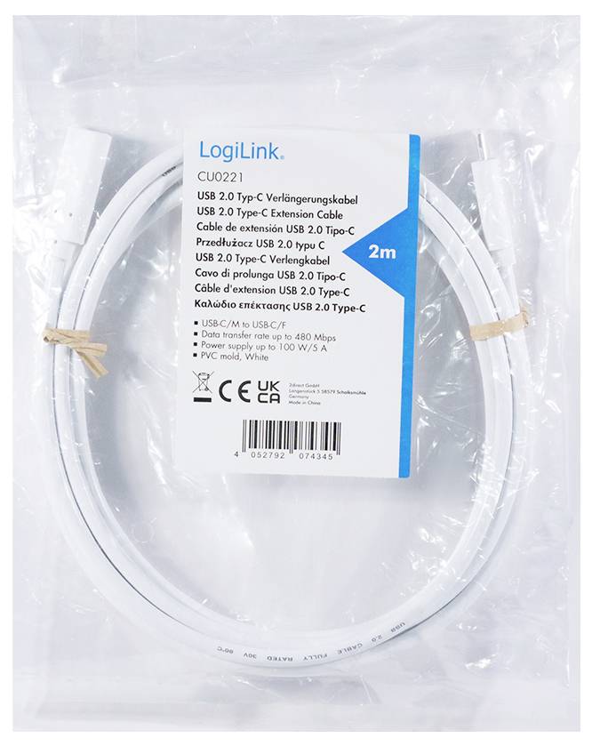 LogiLink 2m USB 2.0 Typ-C Verlängerungskabel in transparenter Verpackung mit blauer Beschriftung und technischen Spezifikationen.