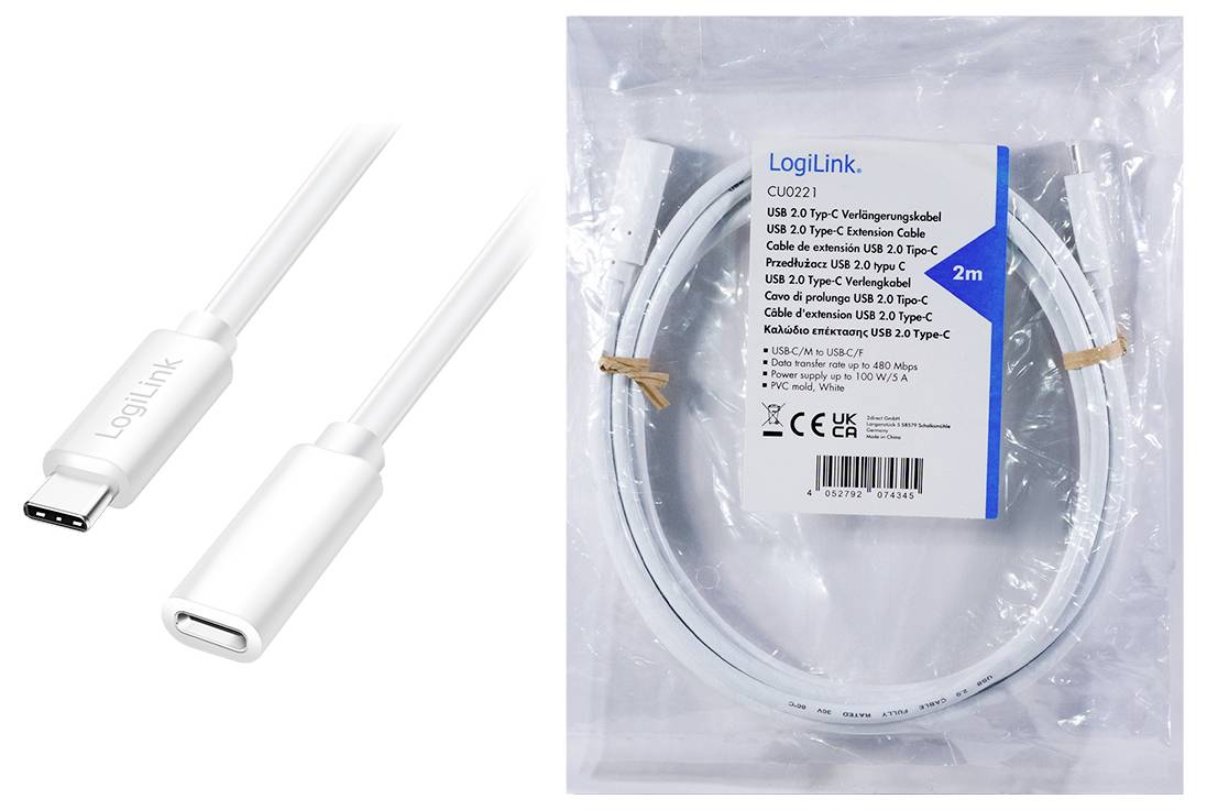 Ein USB-Kabel von LogiLink in der Verpackung neben einem Anschlussstecker. Label auf der Verpackung zeigt Spezifikationen und Länge (2m).