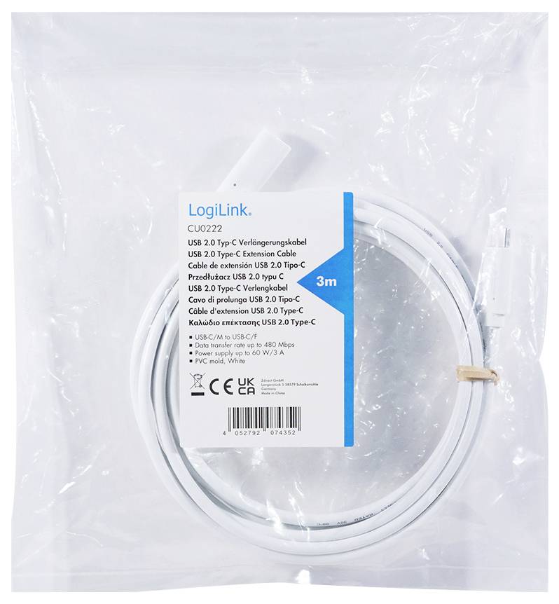 Eine verpackte weiße USB 2.0 Typ C Verlängerungskabel von LogiLink, 3 Meter lang.