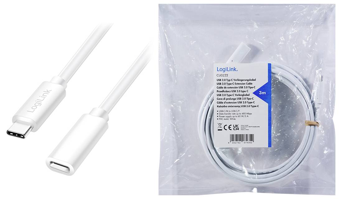 Kabel 'LogiLink CU0223', USB 3.0 Typ-C, 3 Meter, weiße Farbe, Verpackung mit Produktinformationen, z. B. Spezifikationen und Maße.