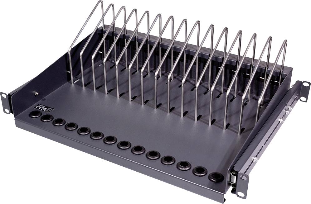 Metallregal für Kabelmanagement mit mehreren vertikalen Halterungen und Durchführungsöffnungen, geeignet für Server-Racks.