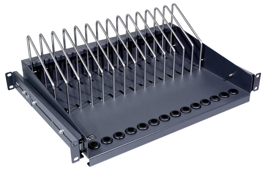 Glasfaser-Patchpanel mit montierten Kabelmanagementbügeln. 19-Zoll-Rackmontage. Enthält mehrere Kabeldurchführungen unten.