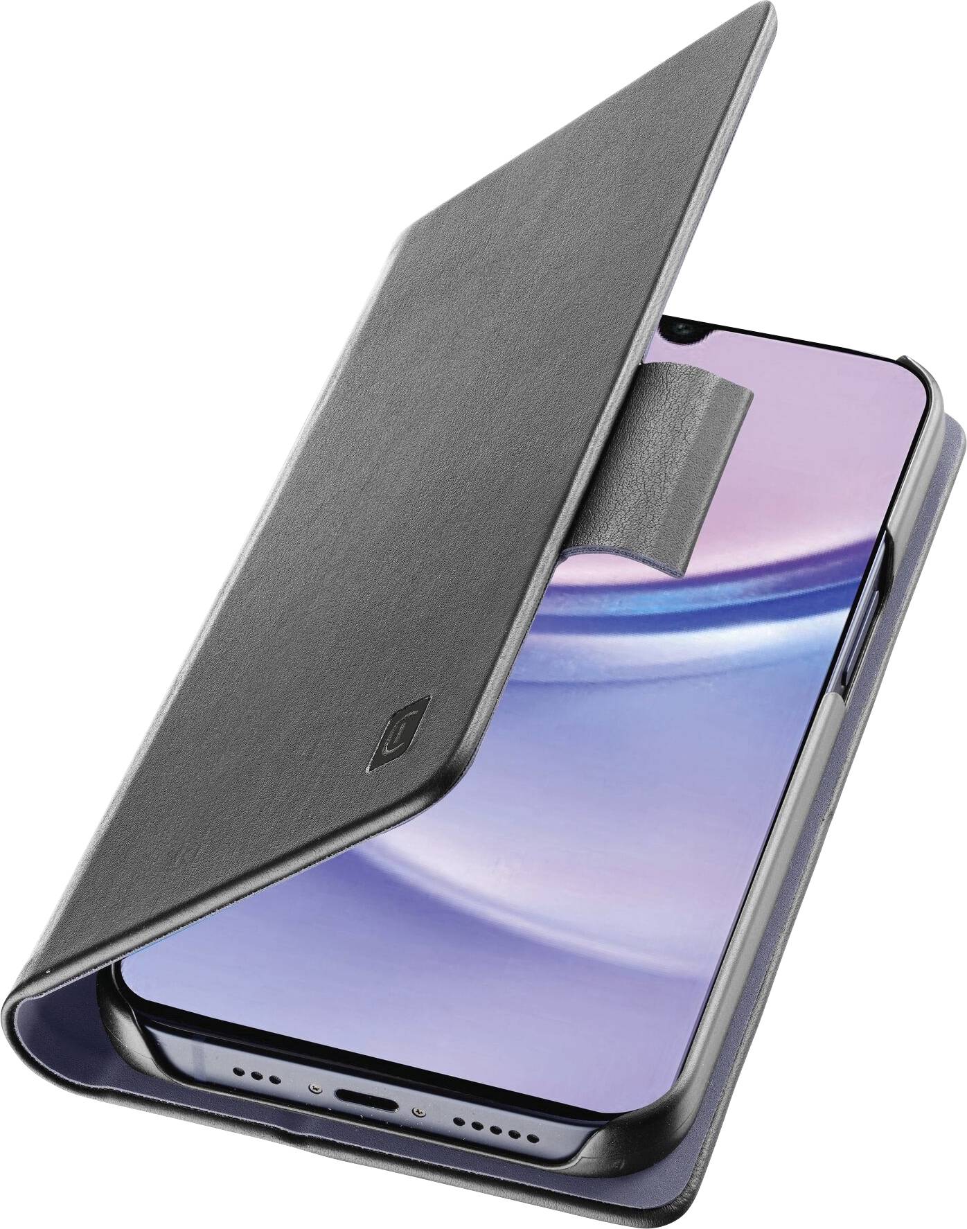 Smartphone in einem aufgeklappten schwarzen Lederetui, Display in Blau- und Rosatönen. Das Etui hat eine magnetische Klappe.