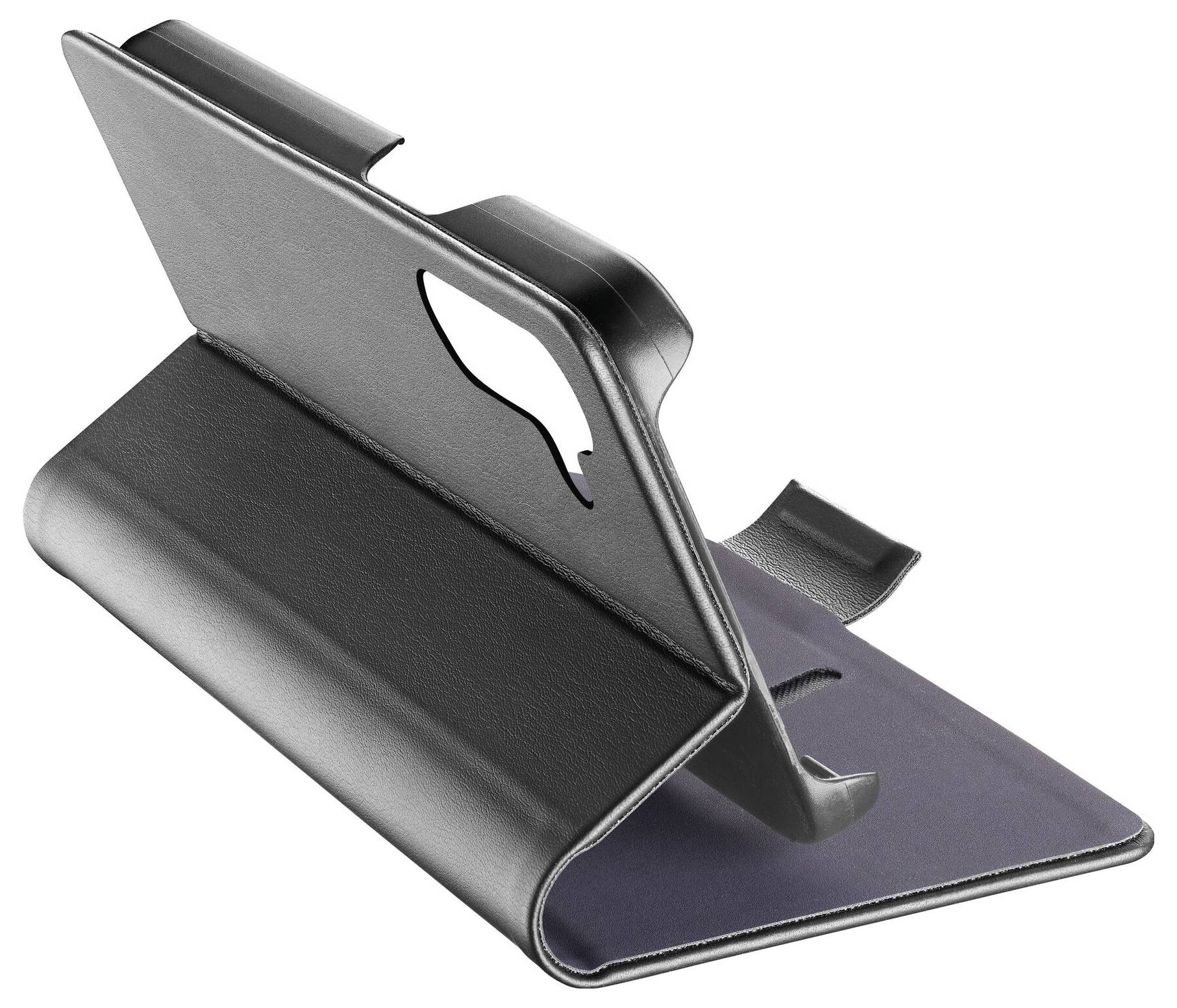 Schwarzes Klappetui für ein Smartphone, das als Ständer dient. Es zeigt eine leicht aufgerichtete Position zur einfacheren Ansicht.