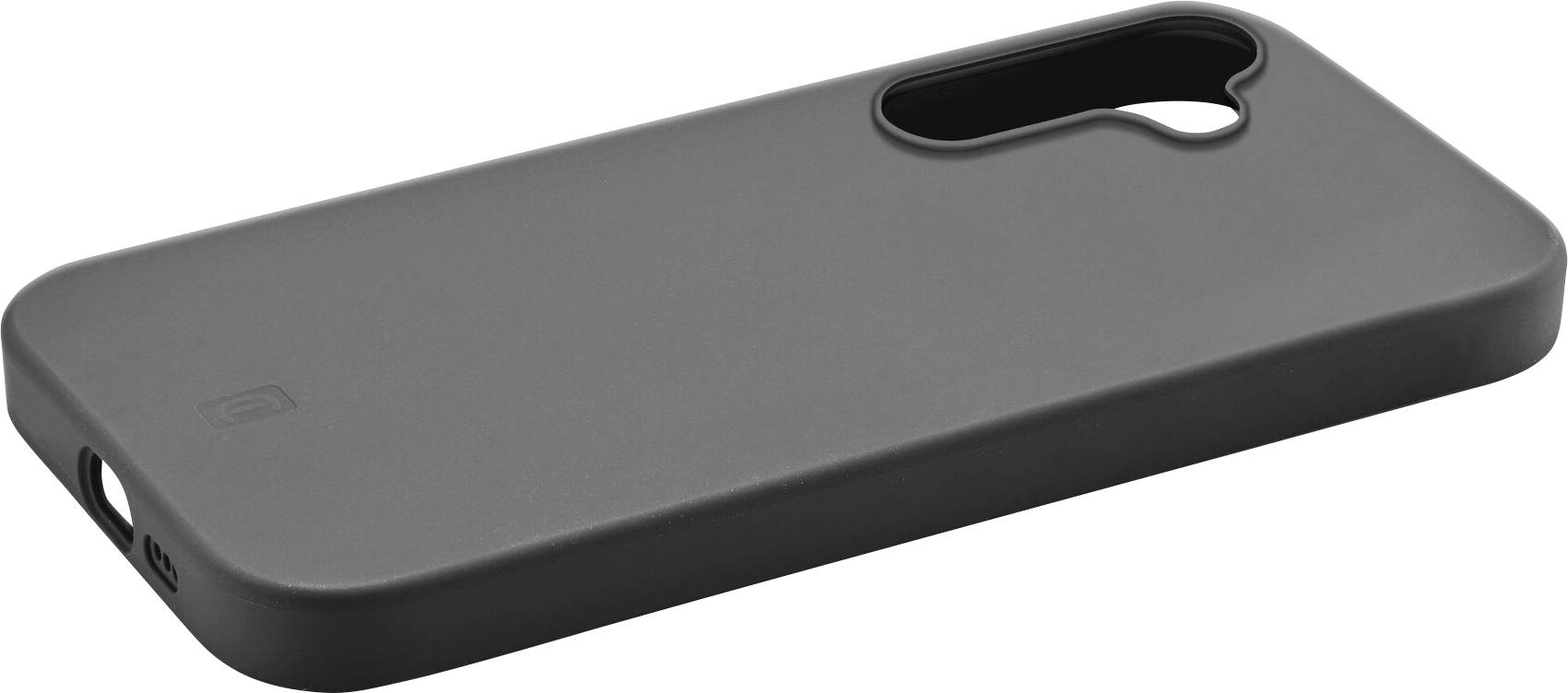 Schwarzes Smartphone-Case mit Kameraaussparung und leicht abgerundeten Ecken. Liegt leicht schräg auf hellem Hintergrund.