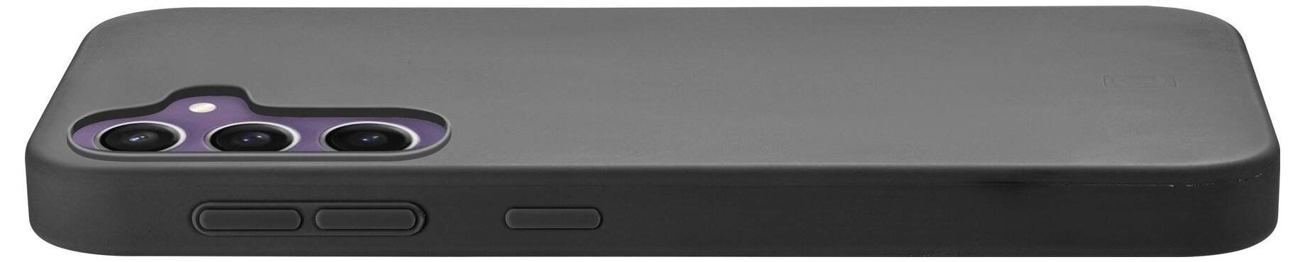 Schwarze Handyhülle mit Kameraausschnitt und drei Linsenrundungen, auf der Seite liegend, zeigt zwei Seitentasten.