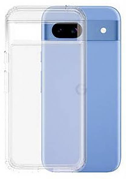 Ein blaues Smartphone auf weißem Hintergrund mit einer durchsichtigen Schutzhülle, die das Handy teilweise verdeckt.