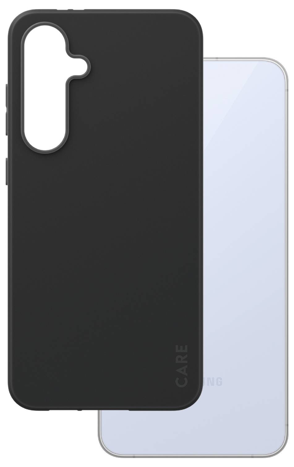 Ein schwarzes Smartphone-Case, das ein weißes Smartphone schützt. Die Hülle hat Aussparungen für Kamera und Tasten.