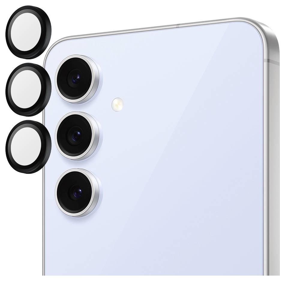 Smartphone in Silber mit drei Kameralinsen und LED-Blitz auf der Rückseite. Abnehmbare Objektivabdeckungen daneben.