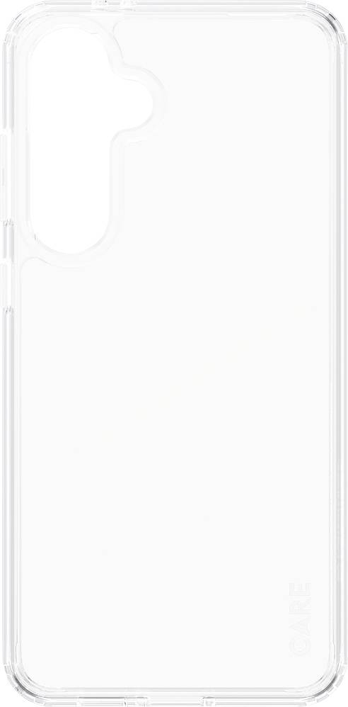 Klares Smartphone-Case aus Kunststoff, transparent, zeigt die Form mit Ausschnitten für Kamera und Anschlüsse.