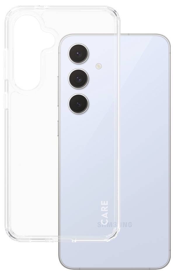 Smartphone mit durchsichtigem Case. Die Rückseite zeigt drei Kameralinsen. Das Design ist schlicht mit einem hellblauen Farbton.