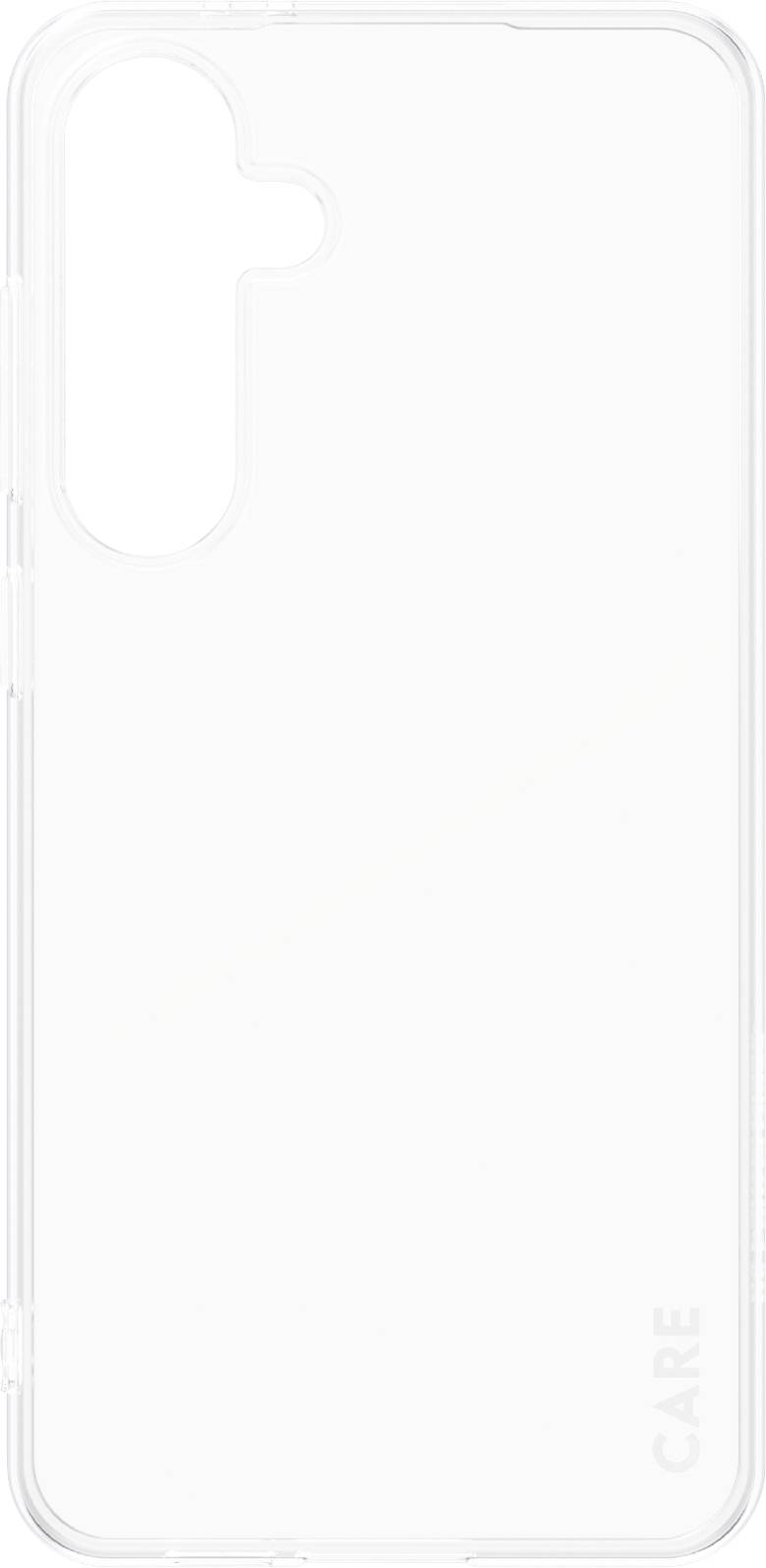 Transparente Handyhülle für ein Smartphone mit vertikaler Kameraöffnung, klare Rückseite, markenlos.
