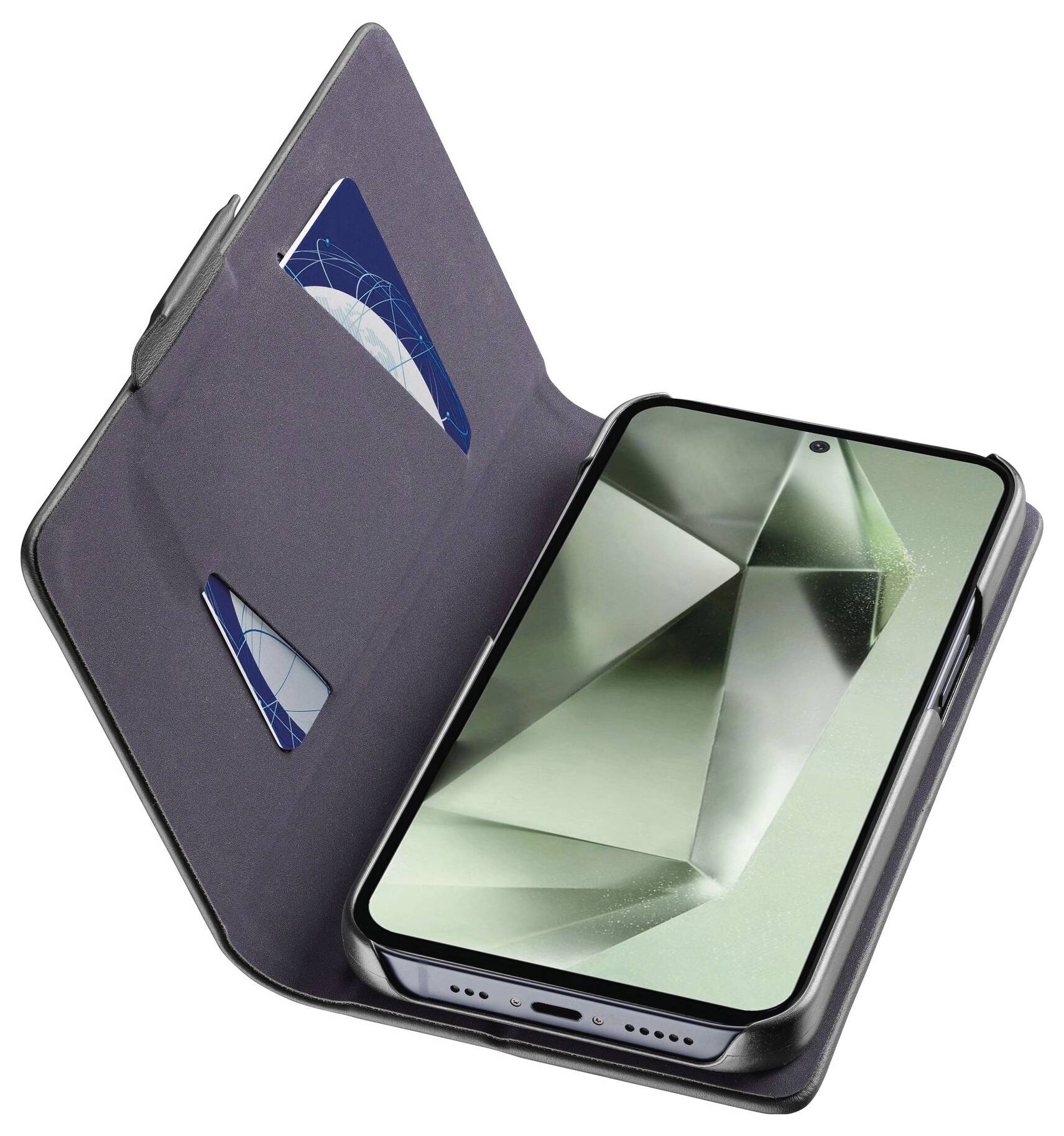 Smartphone in einer aufgeklappten Hülle mit zwei Kartenfächern, aufgestellt auf einer Fläche.