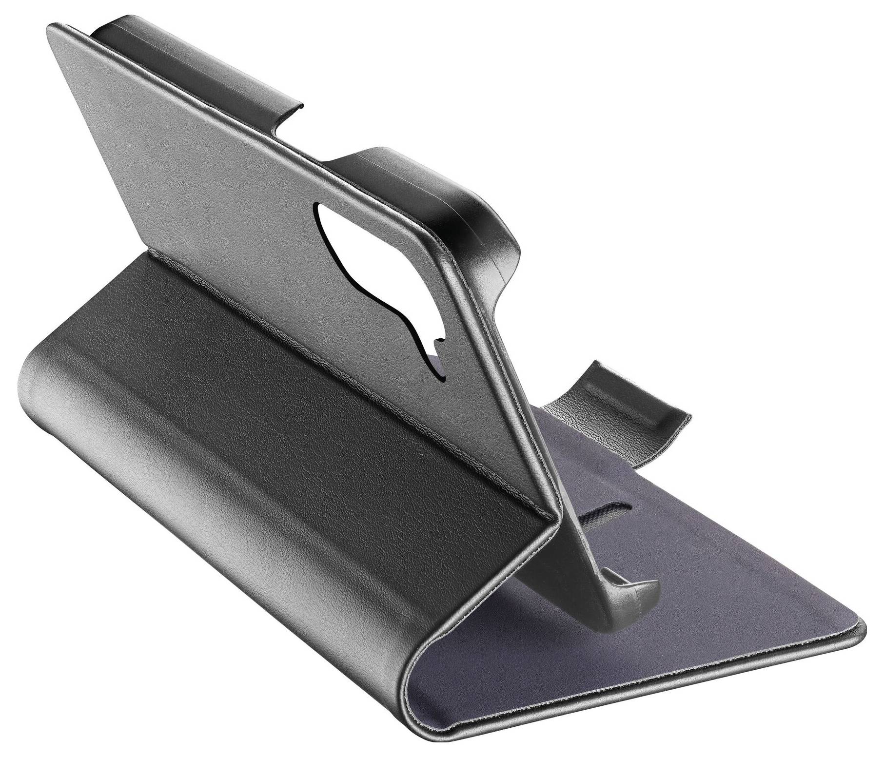 Schwarzes Smartphone-Etui mit Standfunktion, auf Tisch liegend.