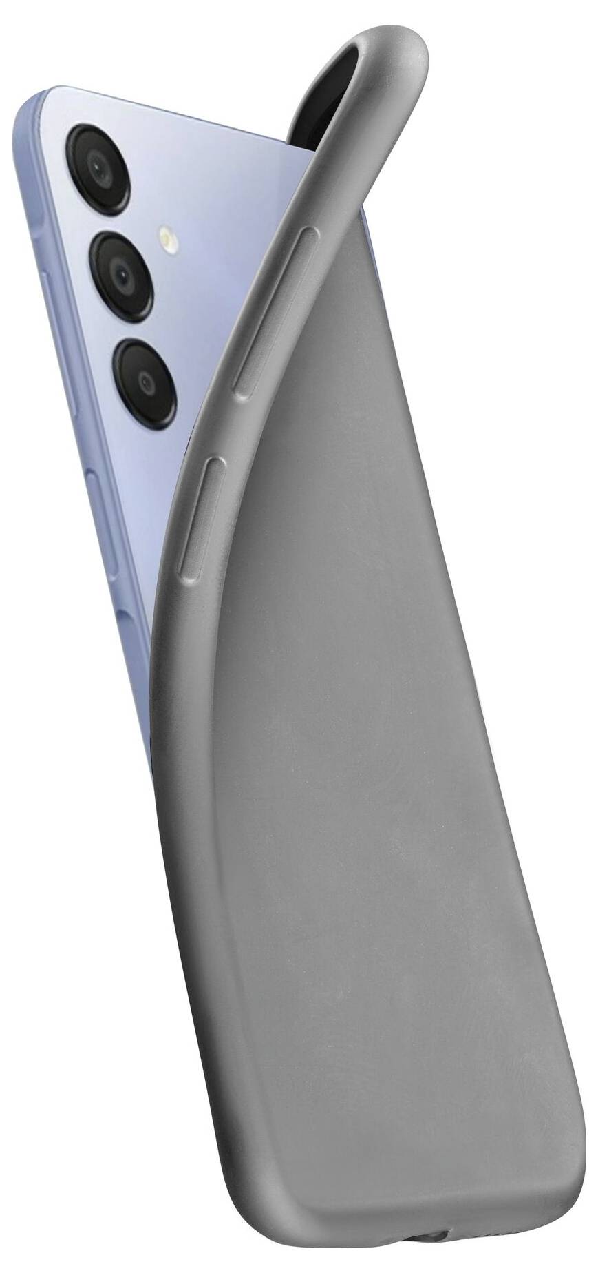 Ein Smartphone in einer halb aufgesetzten grauen Hülle. Drei Kameraobjektive sind sichtbar auf der Rückseite des Geräts.