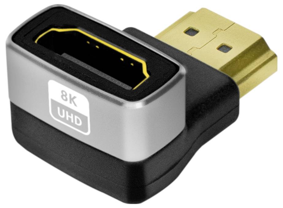 Ein Adapter mit HDMI-Stecker und Buchse, beschriftet mit '8K UHD', ermöglicht hochauflösende Videoverbindungen.