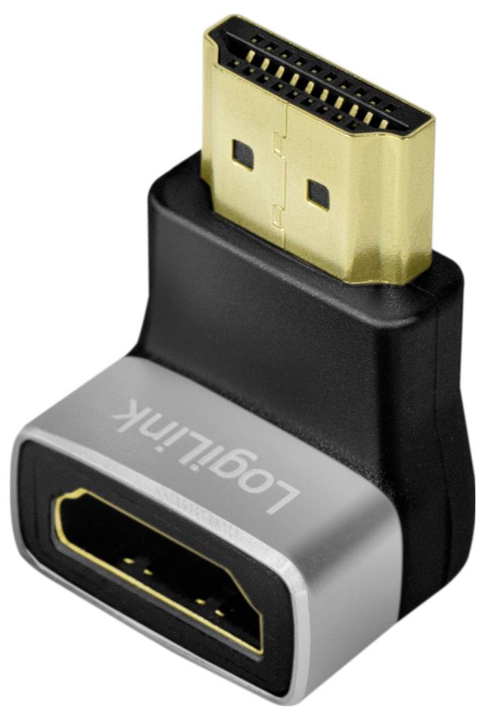 Ein schwarzer HDMI-Adapter von LogiLink mit rechteckiger Bauform und goldenen Anschlüssen, geeignet zum Verbinden von HDMI-Kabeln.