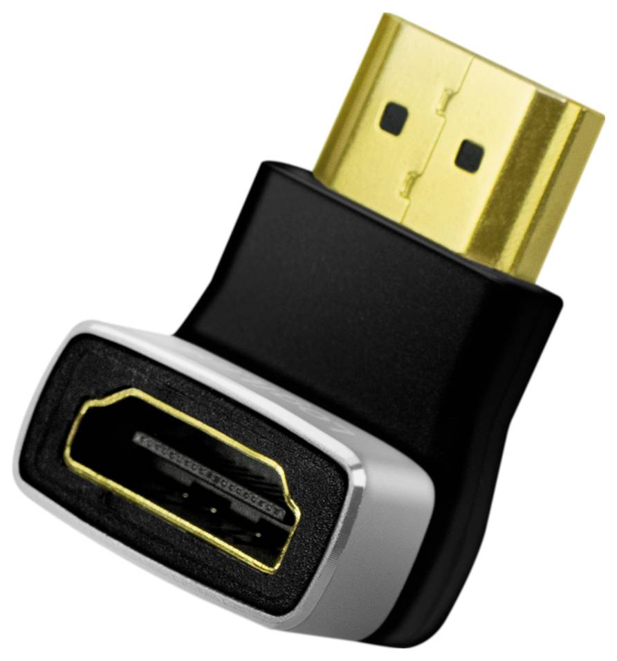 HDMI-Adapter mit goldenen Steckkontakten und schwarzem Gehäuse, dient zum Verbinden von HDMI-Kabeln mit unterschiedlichen Anschlüssen.