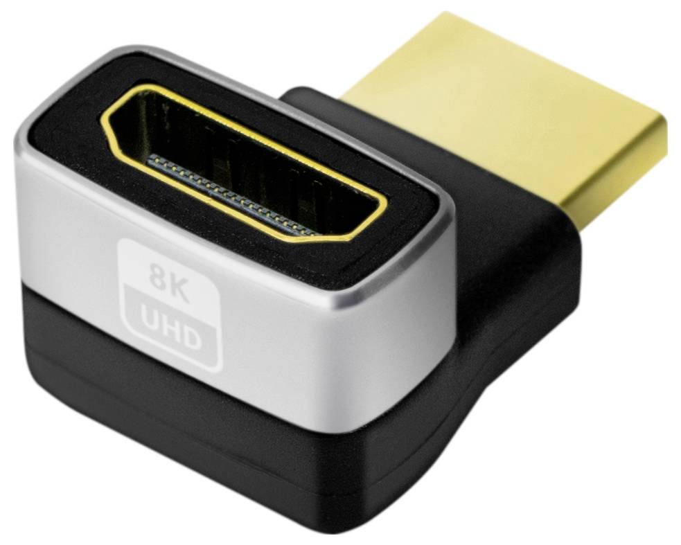 Ein HDMI-Adapter für 8K UHD, silberfarben mit gelber Umrandung um den Anschluss, zeigt die Aufschrift '8K UHD'.