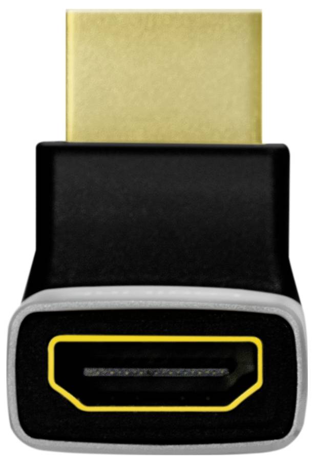 Ein schwarzer HDMI-Adapter mit goldener HDMI-Stecker und gelb umrandeter Buchse.