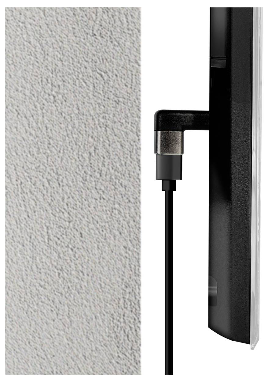 Flacher Fernseher seitlich an eine Wand montiert, mit einem angeschlossenen Kabel sichtbar.