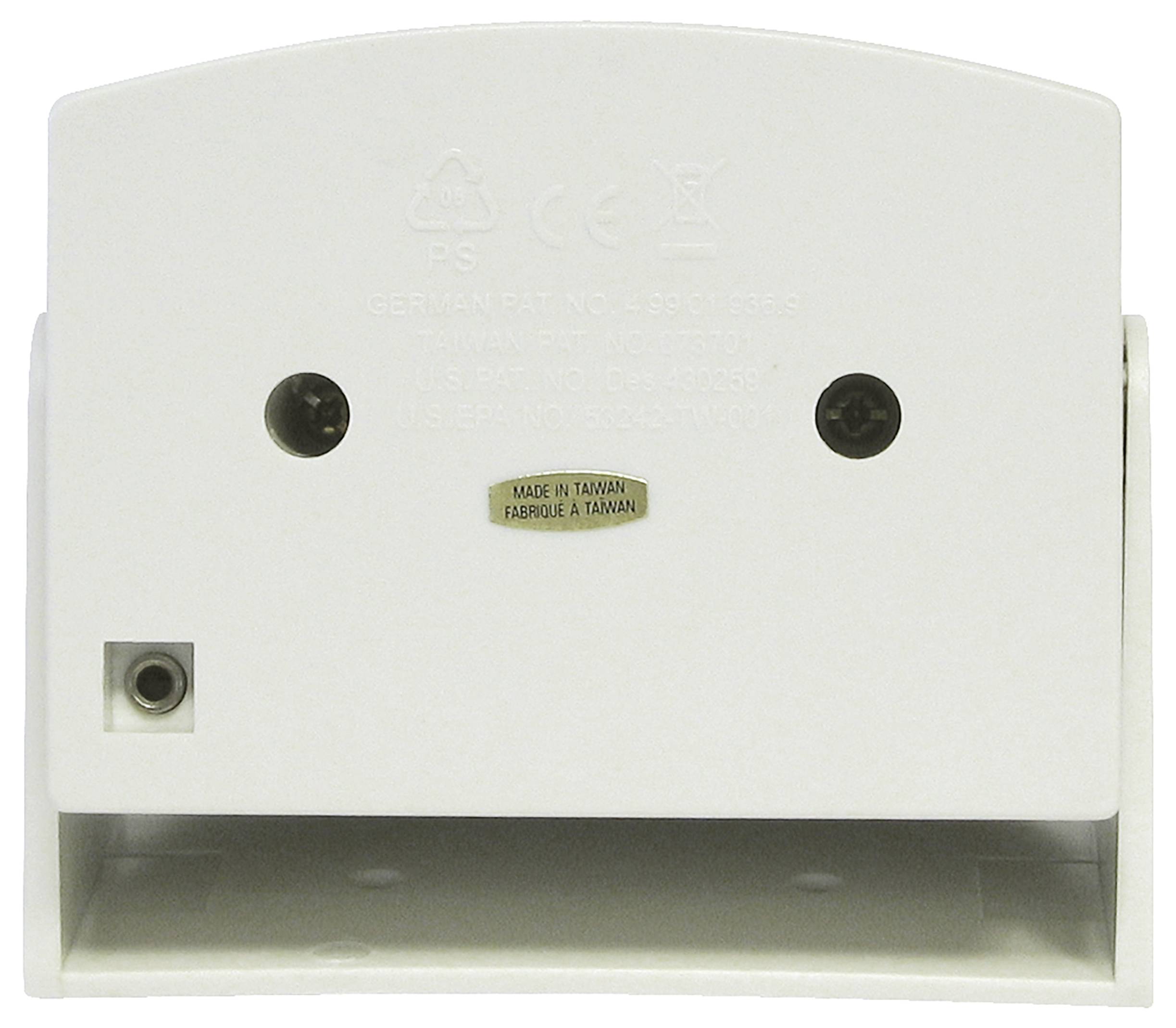 Rückseite eines weißen elektrischen Geräts mit Steckverbindung unten und kleinen Löchern oben. Text 'Made in Taiwan' ist erkennbar.