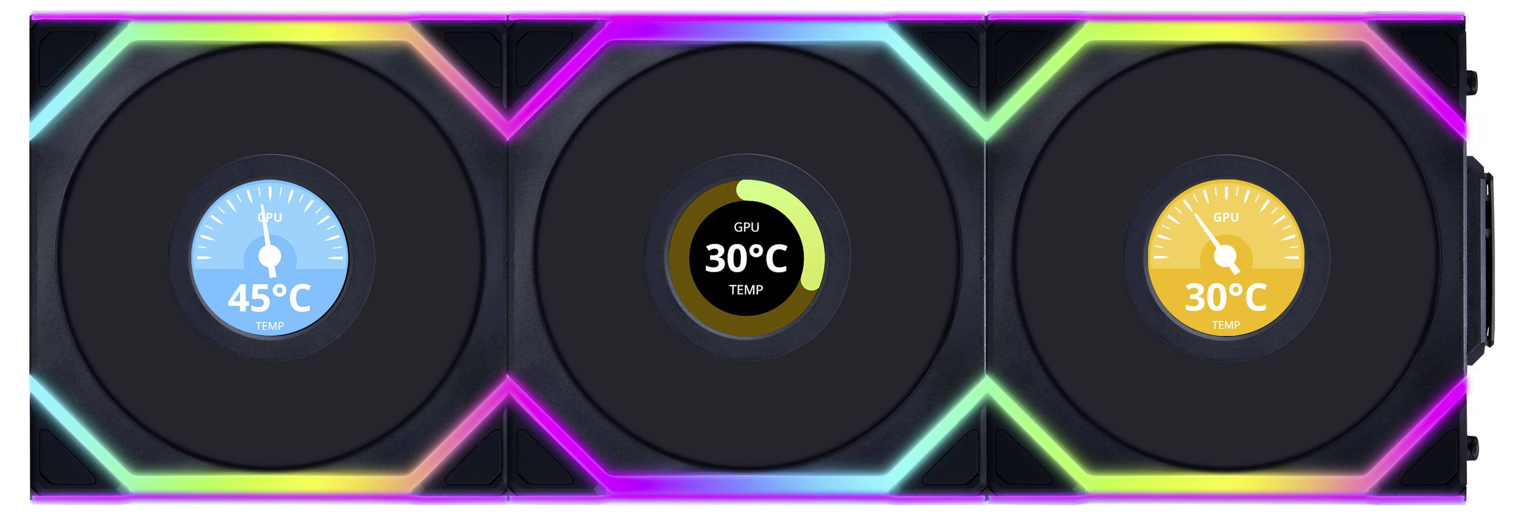Drei Lüfter mit Temperaturanzeigen: Links '45°C TEMP', Mitte '30°C TEMP' für GPU, rechts '30°C TEMP'. Sie sind mit bunten LEDs beleuchtet.