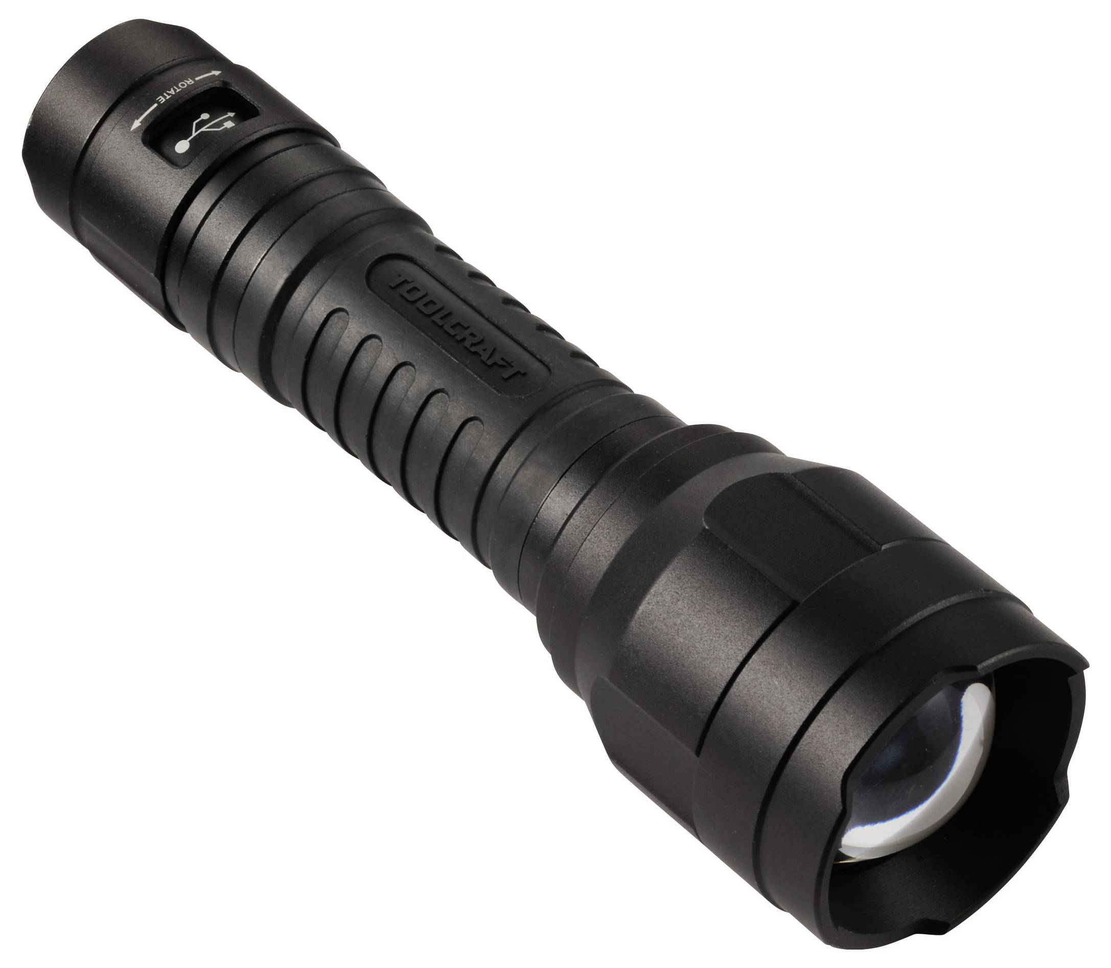 Schwarze LED-Taschenlampe mit geriffeltem Griff und breitem Leuchtkopf, geeignet für Outdoor-Aktivitäten und Notbeleuchtung.