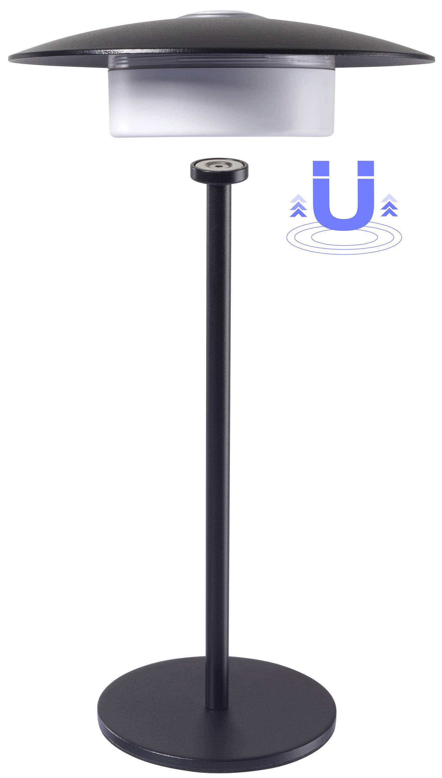 Eine moderne schwarze Stehlampe mit einem breiten Schirm und hohem Ständer. Ein Symbol eines Magneten mit Wellen deutet auf magnetische Funktionalität hin.