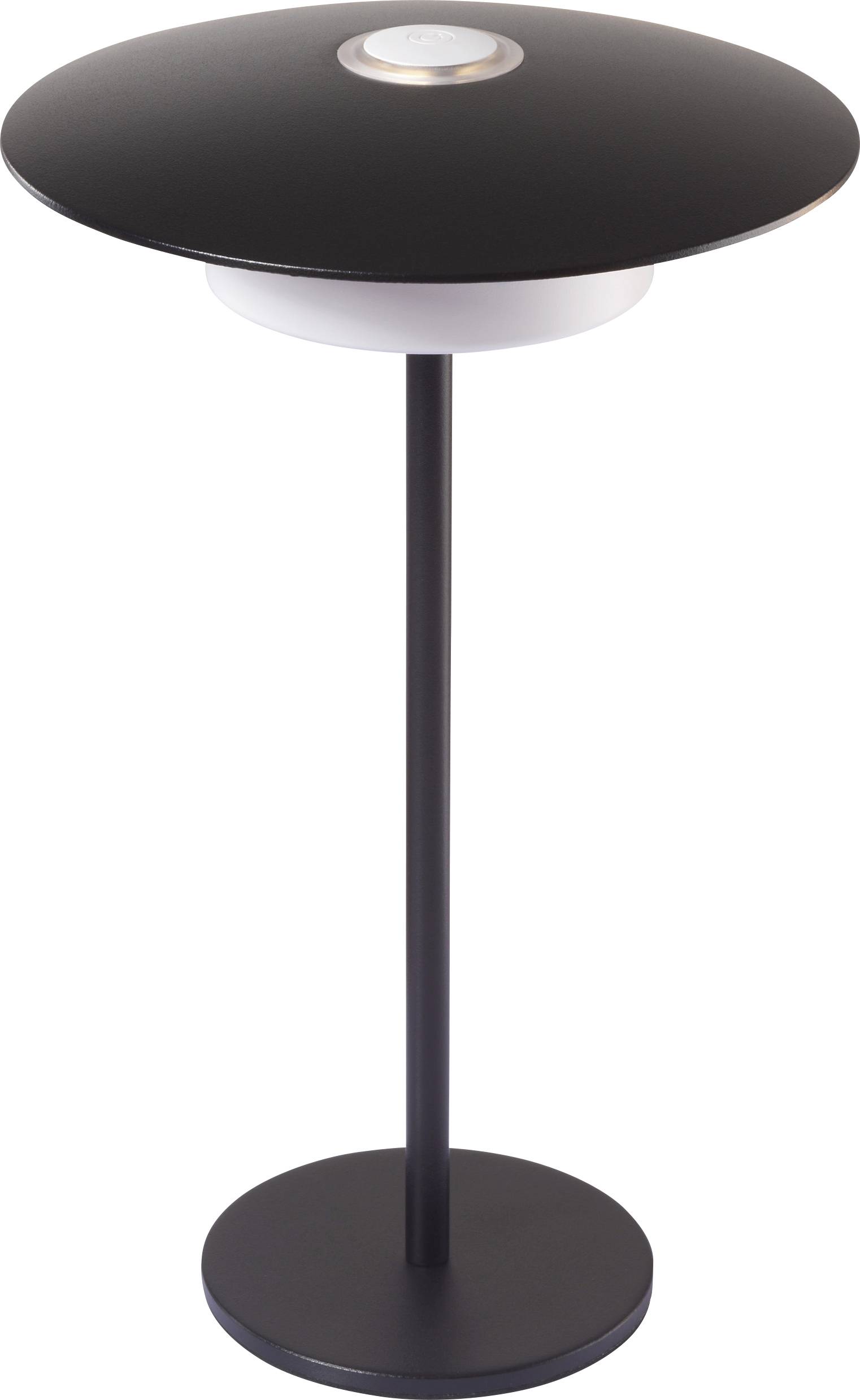 Eine elegante, moderne schwarze Tischlampe mit einer kreisförmigen Basis und Rand, ausgestattet mit einem zentralen metallischen Knopf zur Bedienung.