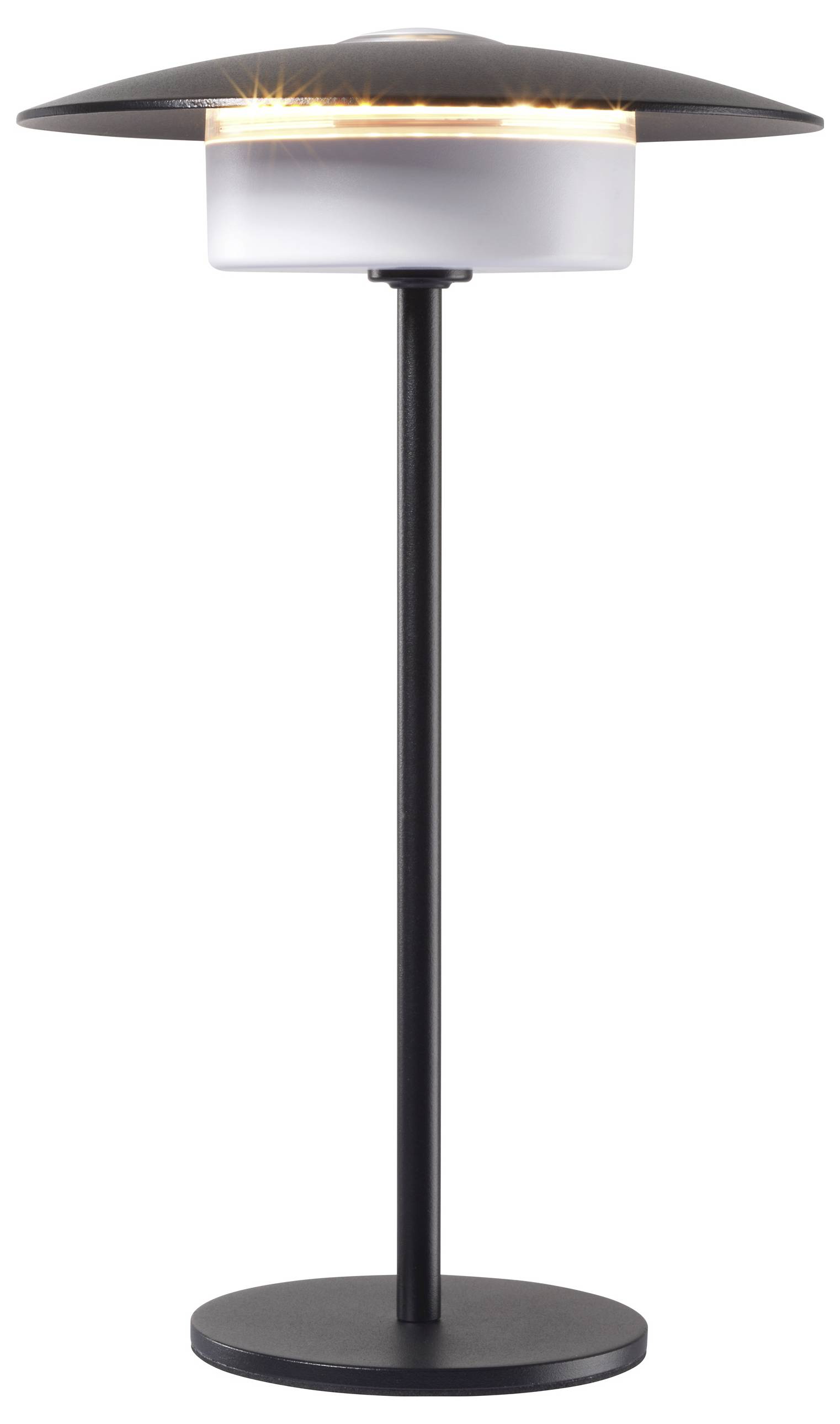 Eine moderne, schwarze Metallampe mit einer kreisförmigen Basis und einer weißen zylindrischen Lichtquelle unterhalb eines geschwungenen, kreisförmigen schwarzen Lampenschirms.