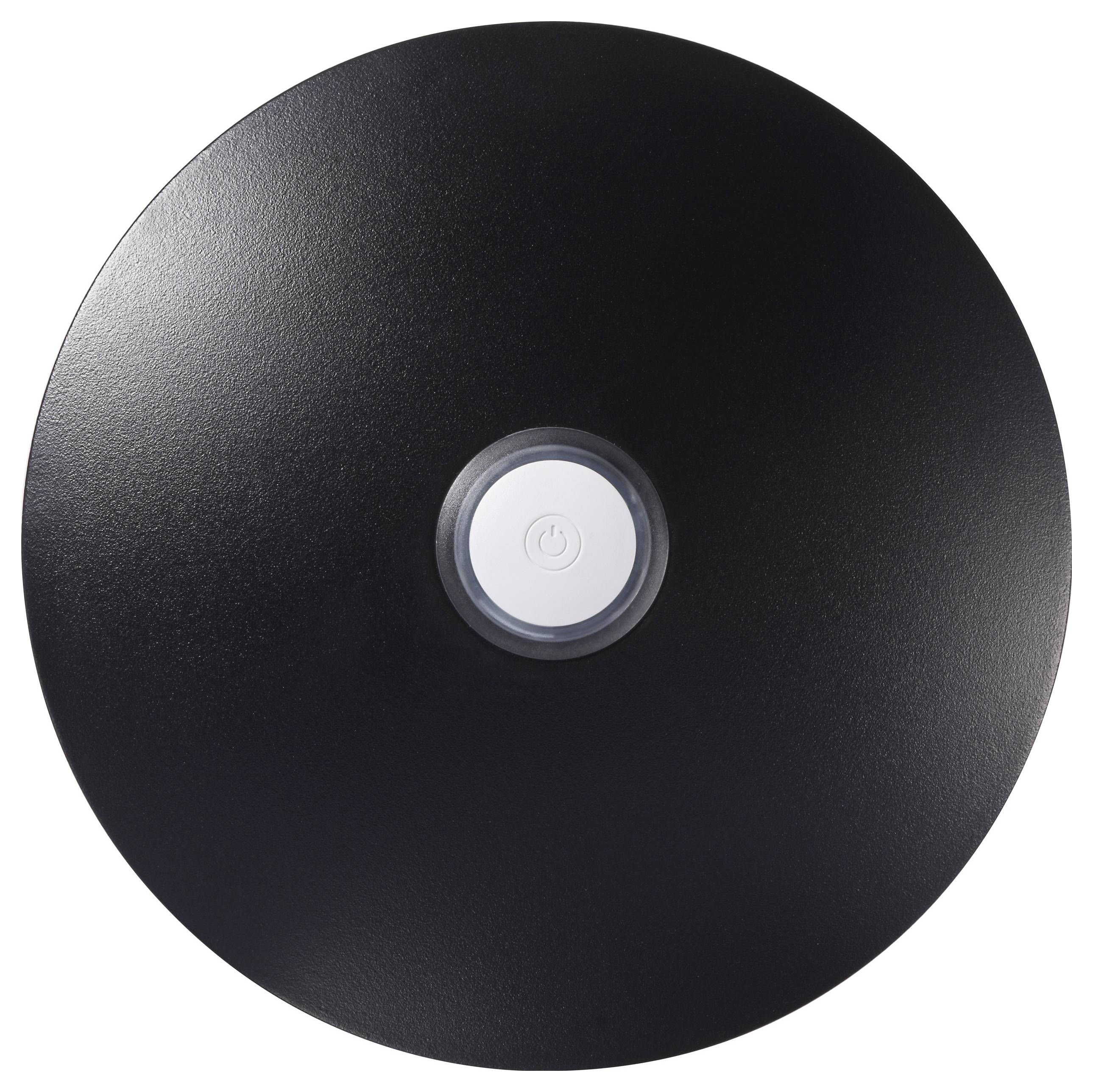 Ein schwarzes kreisförmiges Objekt mit einem weißen zentralen Einschaltknopf.