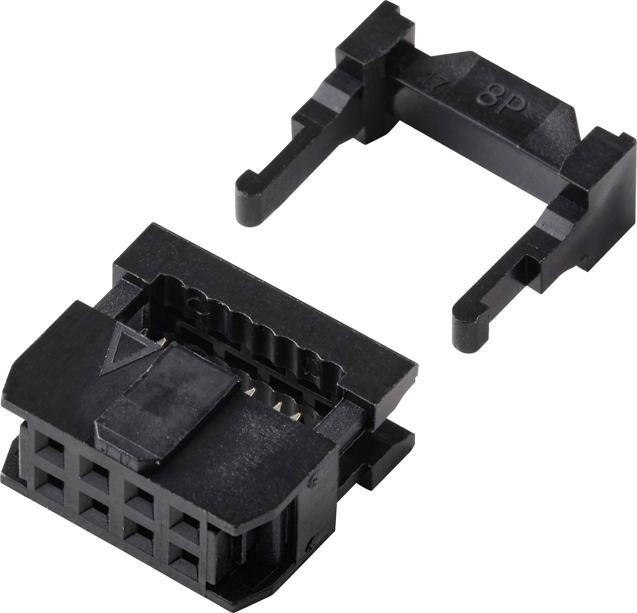 Ein schwarzer Kunststoffverbinder mit einer 8-poligen Buchse und einem abnehmbaren Clip darüber, wahrscheinlich zum Sichern einer Kabelverbindung.