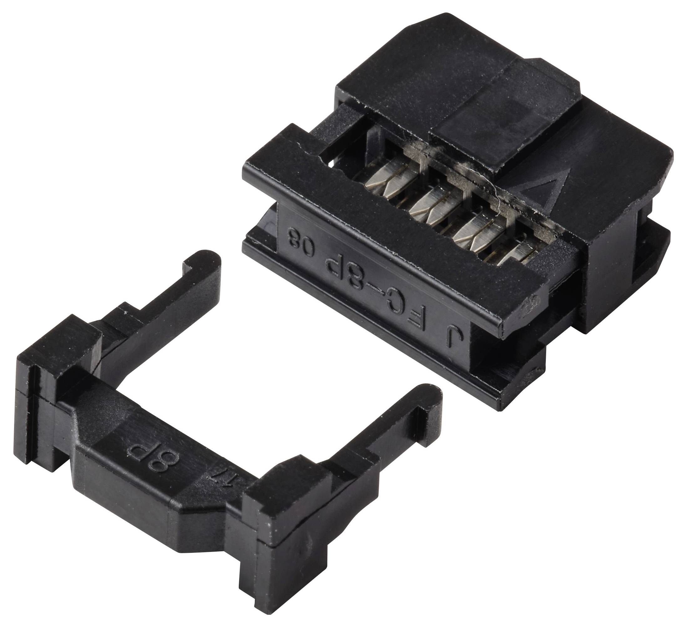 Ein schwarzer Plastik-Ethernet-Steckerclip mit separatem Verriegelungsmechanismus, der Metallkontakte zeigt.