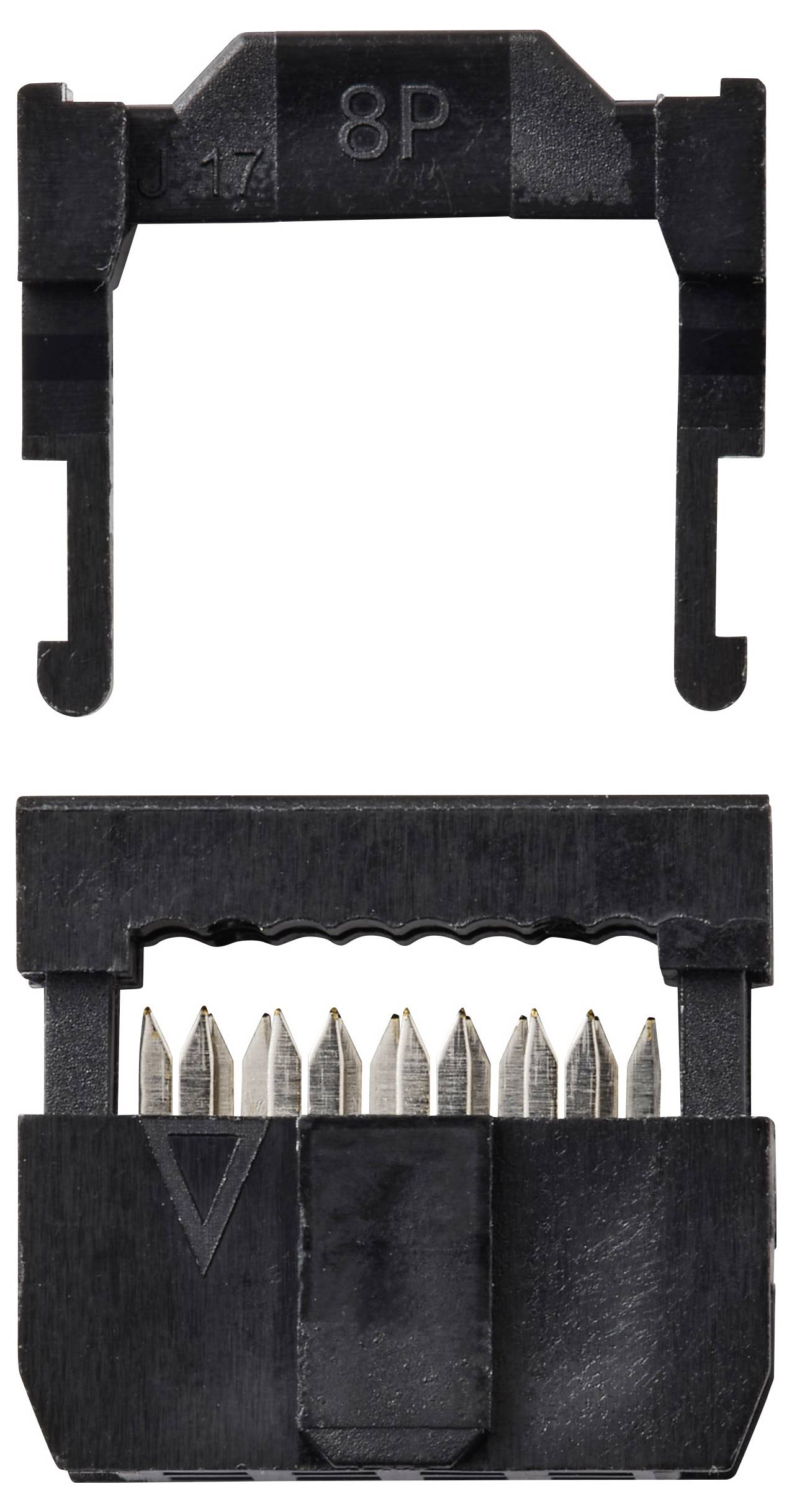 Ein schwarzer Plastik-Punch-down-Werkzeug, mit '8P' beschriftet, das zum Anschließen von Netzwerkkabeln verwendet wird, wird in offener Position gezeigt und zeigt metallene Zinken.