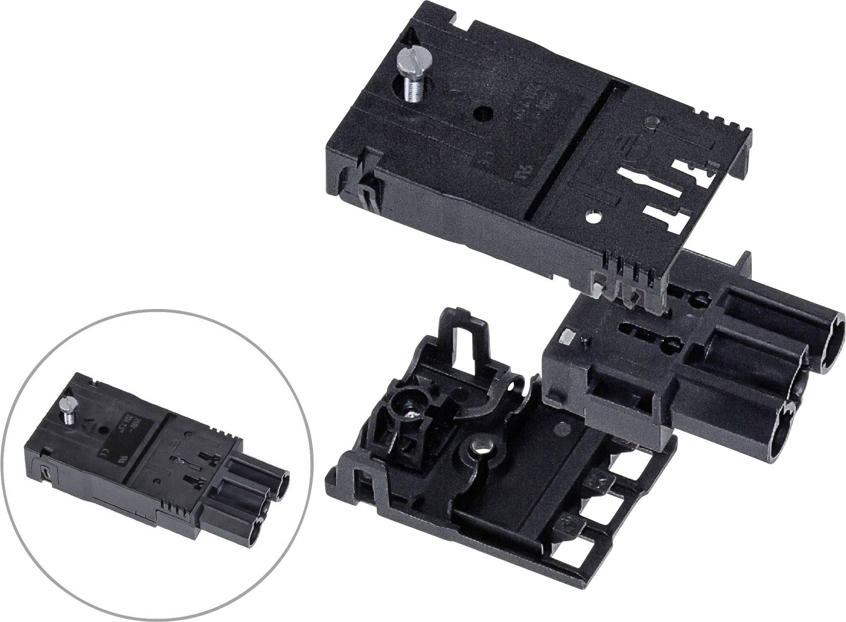 Schwarzer elektrischer Steckverbinder mit offenem und geschlossenem Gehäuse, zeigt Innenmechanismus und Anschlüsse.