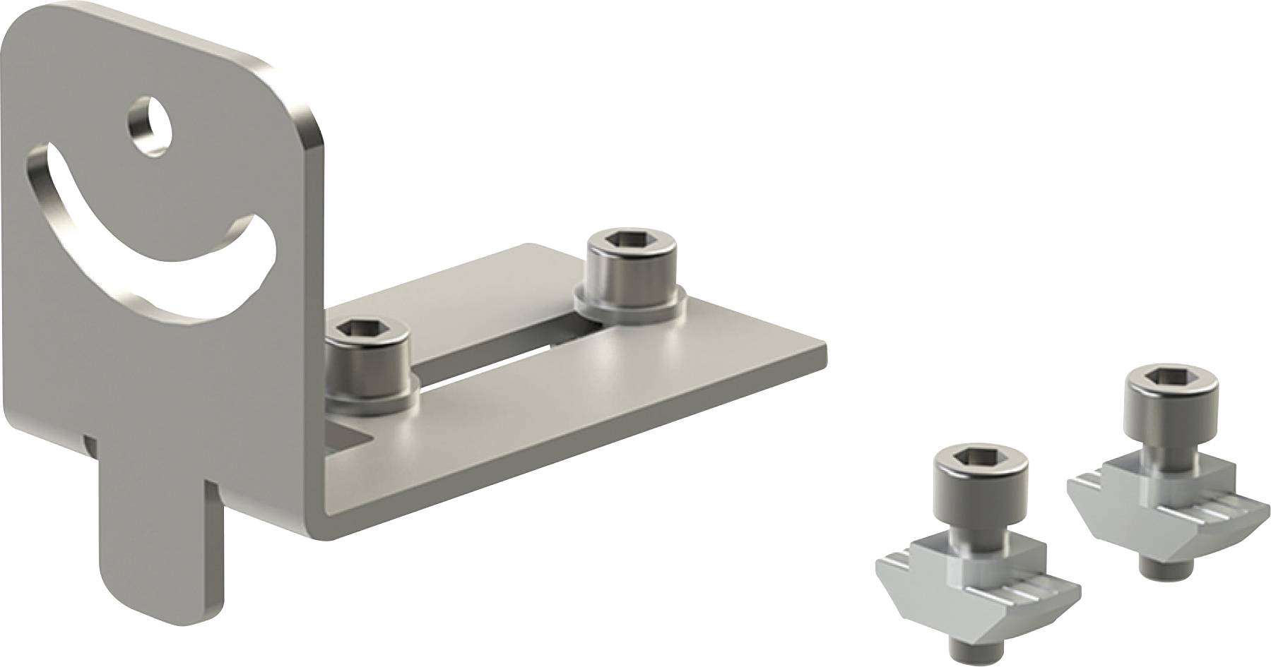 Metallwinkelstück mit Schrauben, verwendet zur Verbindung von Strukturelementen. Enthält zwei zusätzliche Schraubelemente für Befestigungsoptionen.