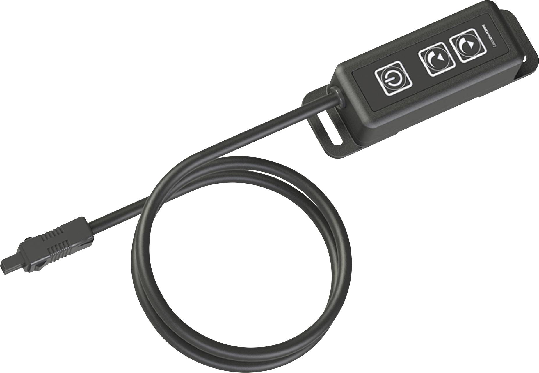 Ein schwarzes Kabel mit einem rechteckigen Bedienteil. Drei Schaltflächen zeigen ein Power-Symbol, einen Pfeil im Kreis, und zwei gegenläufige Pfeile.