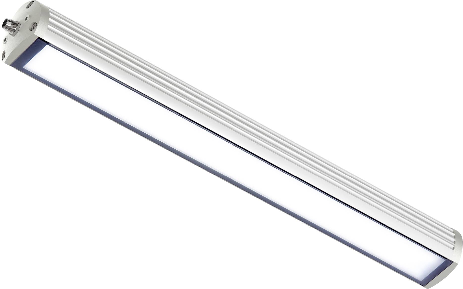 Rechteckige LED-Leuchte in silbernem Gehäuse, länglich und minimalistisch. Geeignet für Büro- oder Industriebeleuchtung.