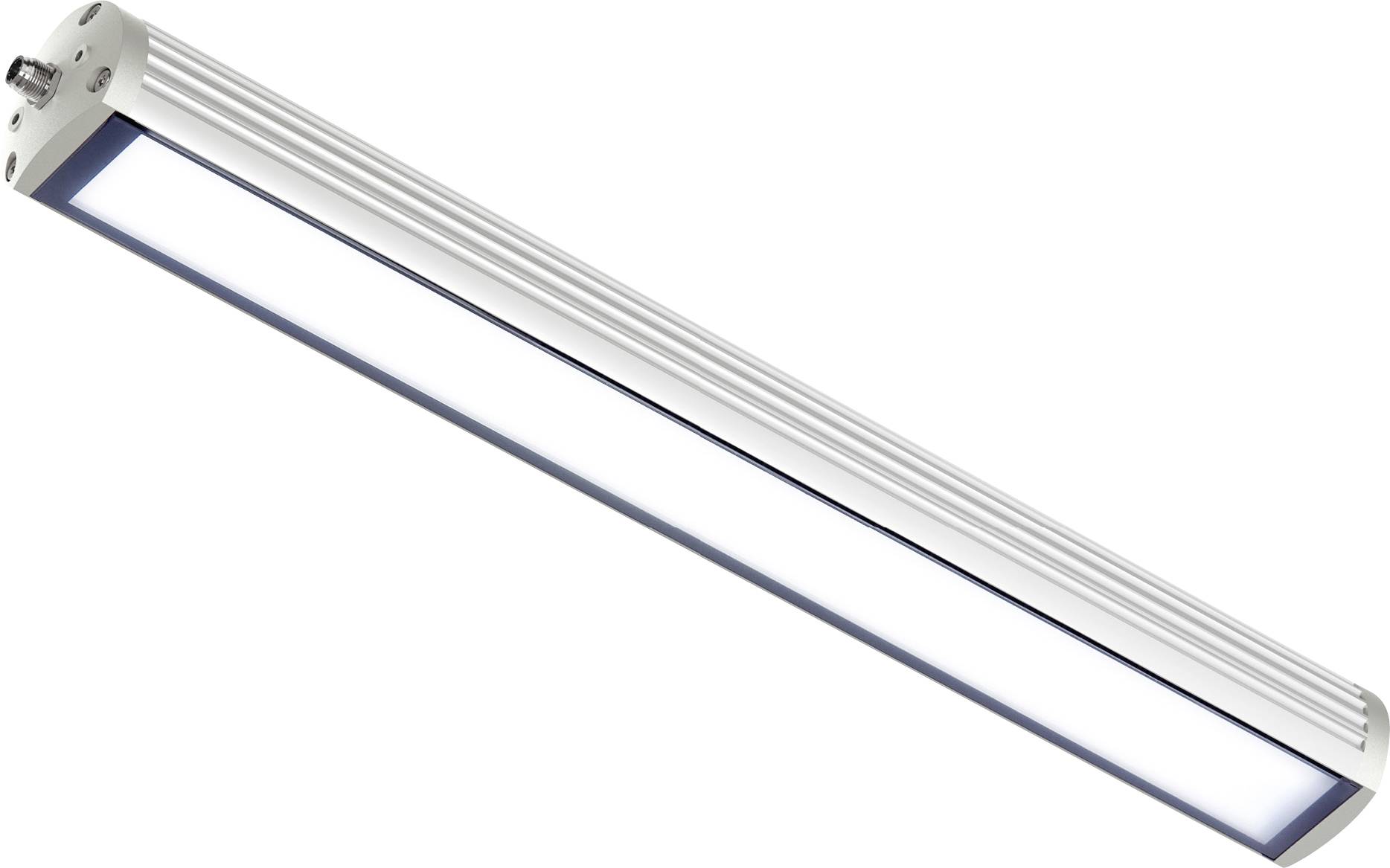 Weiße LED-Leuchte mit rechteckigem Gehäuse, zeigt stromlinienförmiges, modernes Design, ideal für helle Innenbeleuchtung.