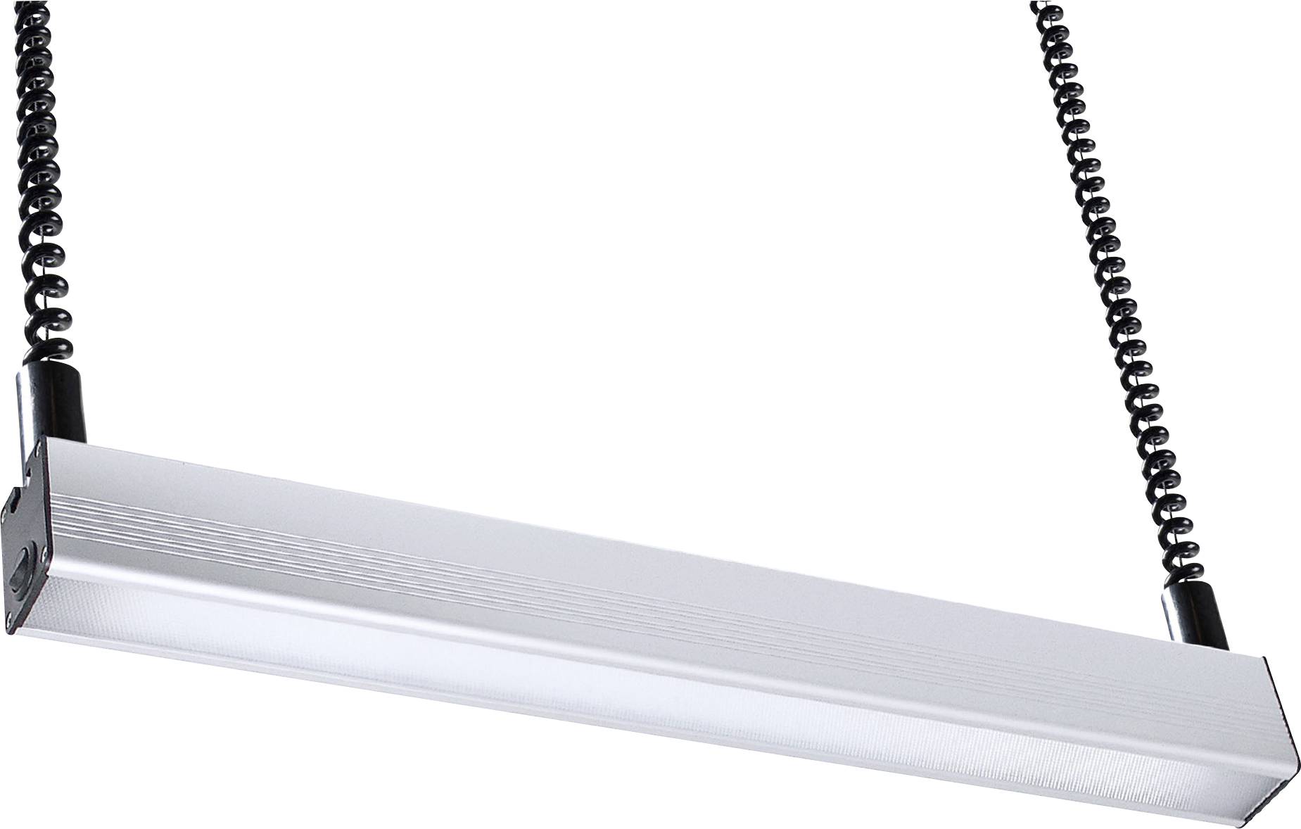 Längliche LED-Lampe, horizontal aufgehängt, mit spiralförmigen Kabeln an beiden Enden, silberfarbenes Gehäuse.
